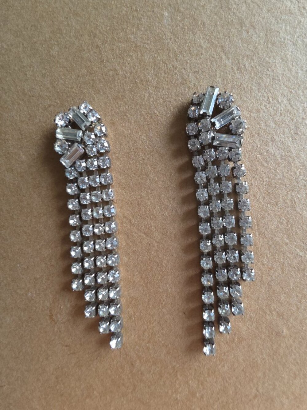 Vintage 90s Clear Rhinestone Fringe Waterfall Dangle Statement Earrings
